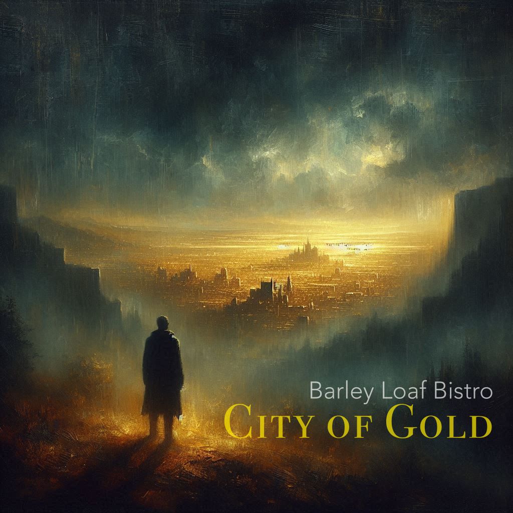 Atmospheric painting of a solitary figure looking out over a city of gold sitting in a valley.