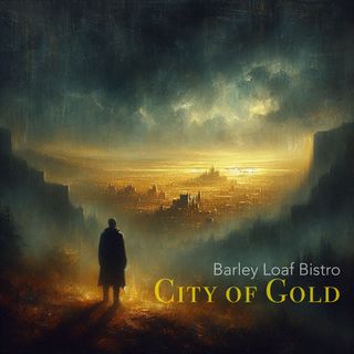 Atmospheric painting of a solitary figure looking out over a city of gold sitting in a valley.