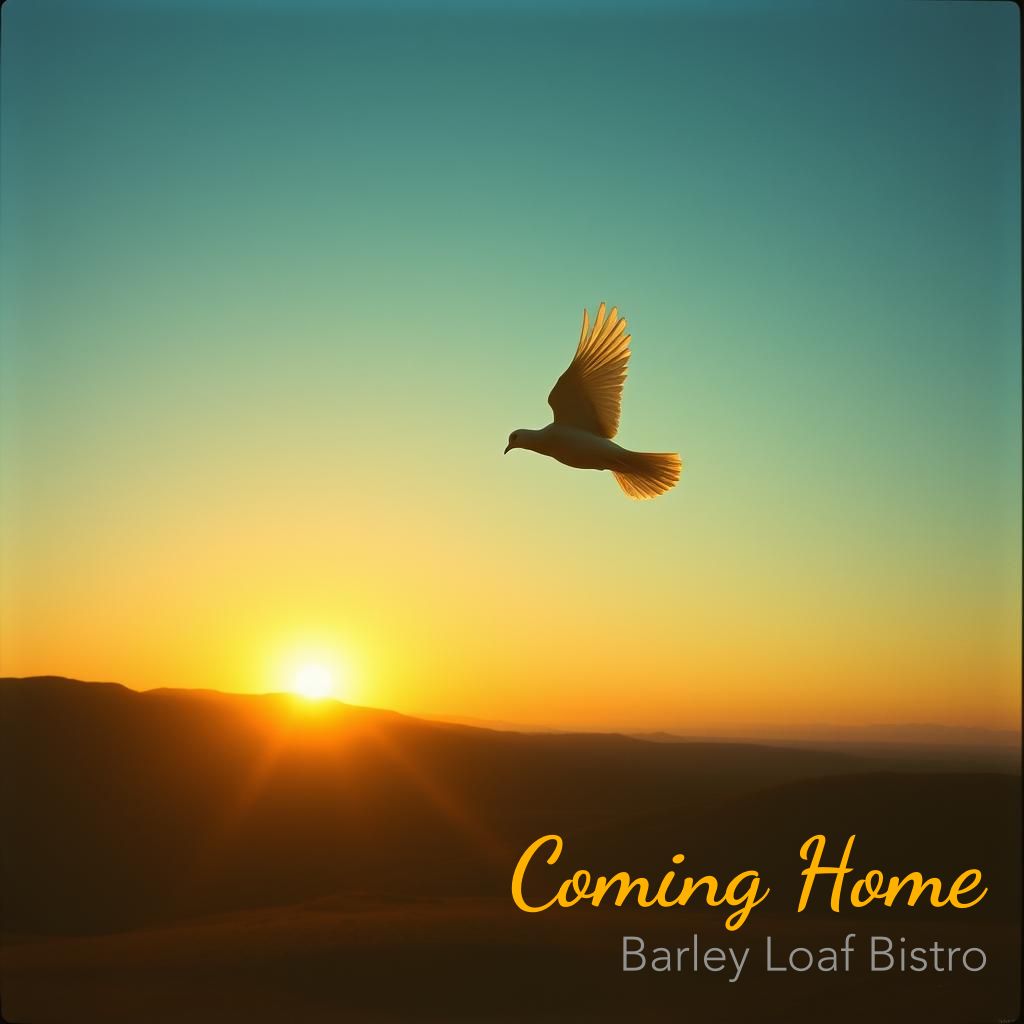 Dove flying in front of a setting sun.