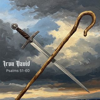 Oil painting of a sword and shepherd's staff crossed.