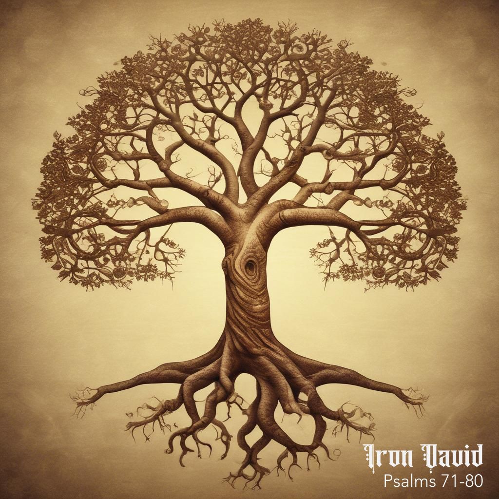 Sepia tone etching of a tree, roots exposed.
