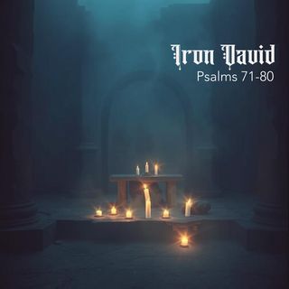 Photo-realistic painting of a stone altar shrouded in smoke and mist, with several lit candles.
