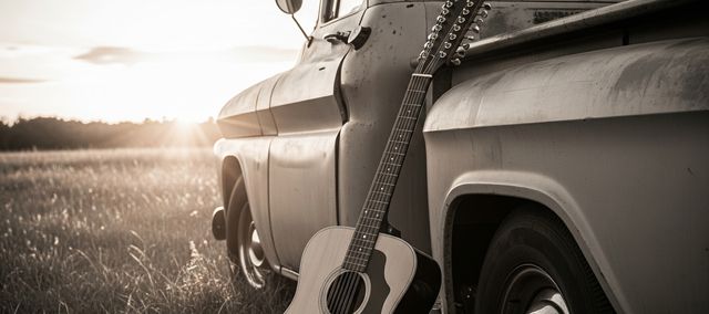 An old truck sitting in a prairie field, an acoustic guitar propped against it.